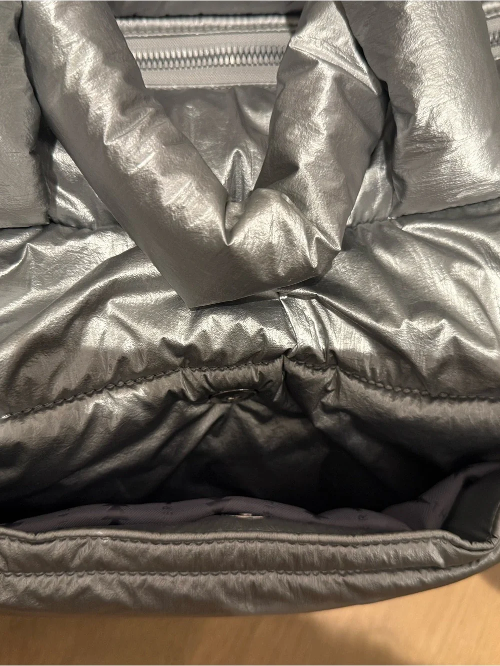 Shiny Quilted Silver Puffer Tote